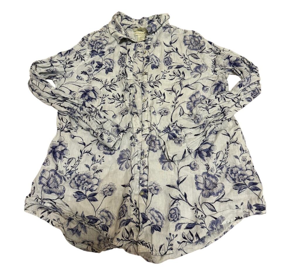 Cynthia Rowley 100% Linen Button Down Shirt - Blue/White - Size Large